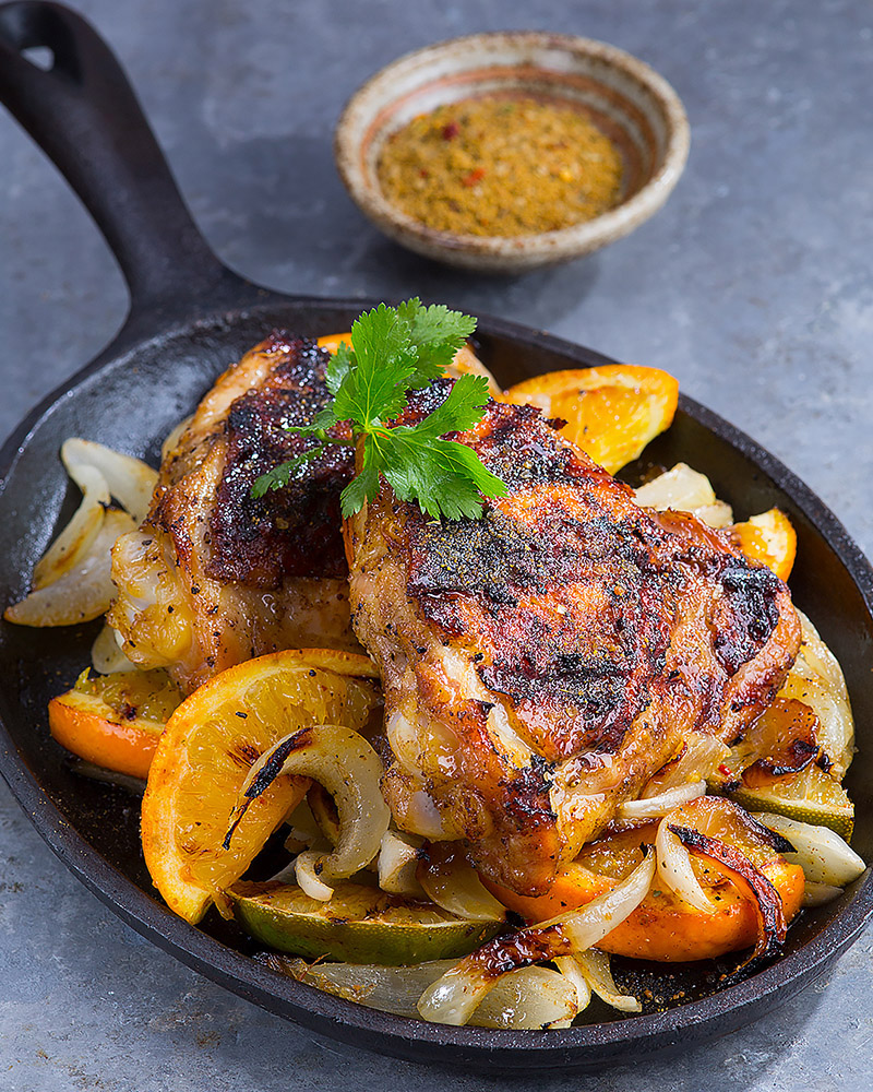 Adobo Chicken Thighs with Citrus Caramelized Onions
