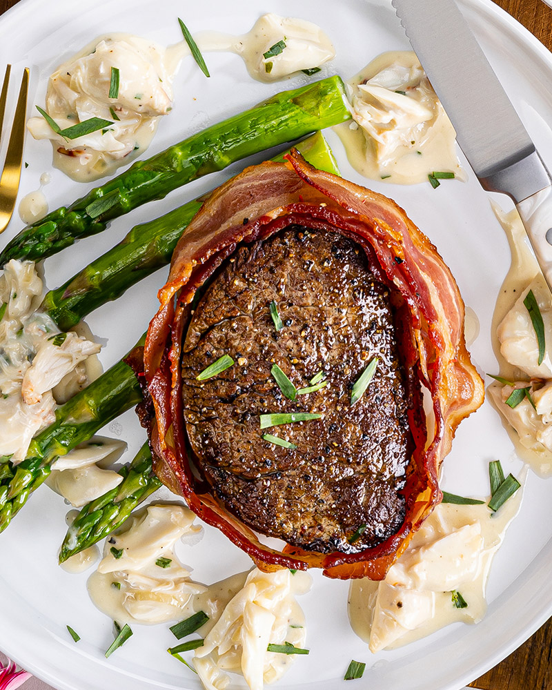 Bacon-Wrapped Filet Mignon with Crab Sauce