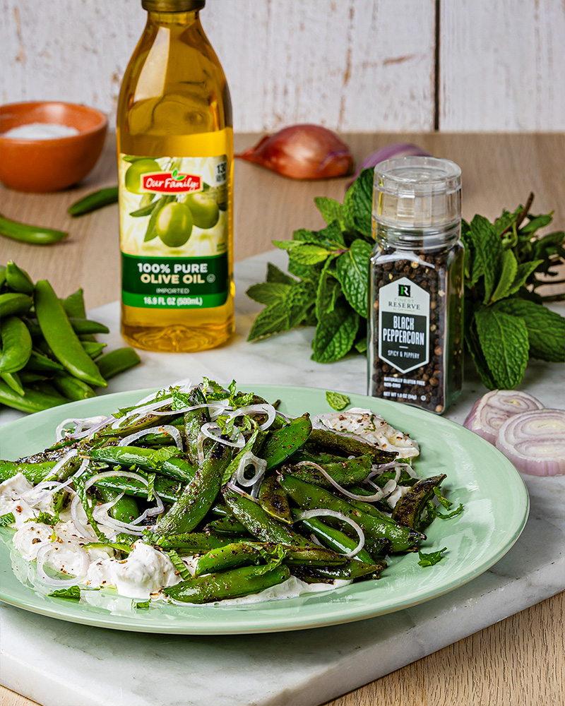 Charred Snap Peas with Shallots & Burrata