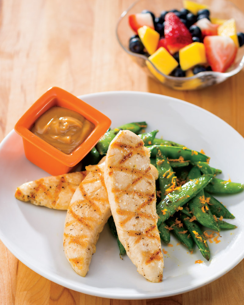 Grilled Chicken Tenders with Nutty Dipping Sauce & Crispy Sautéed Snap Peas
