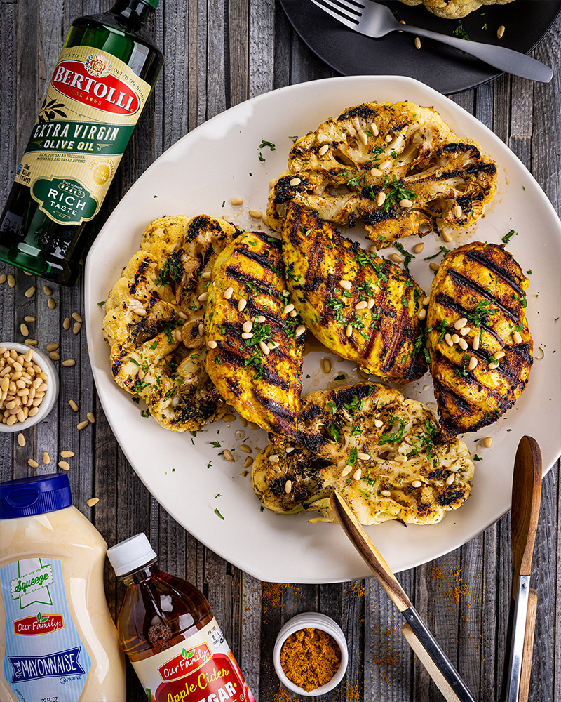 Grilled Curried Chicken with Charred Cauliflower Steaks