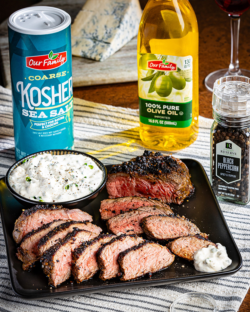Grilled Peppercorn-Crusted Top Sirloin Steak with Blue Cheese Sauce