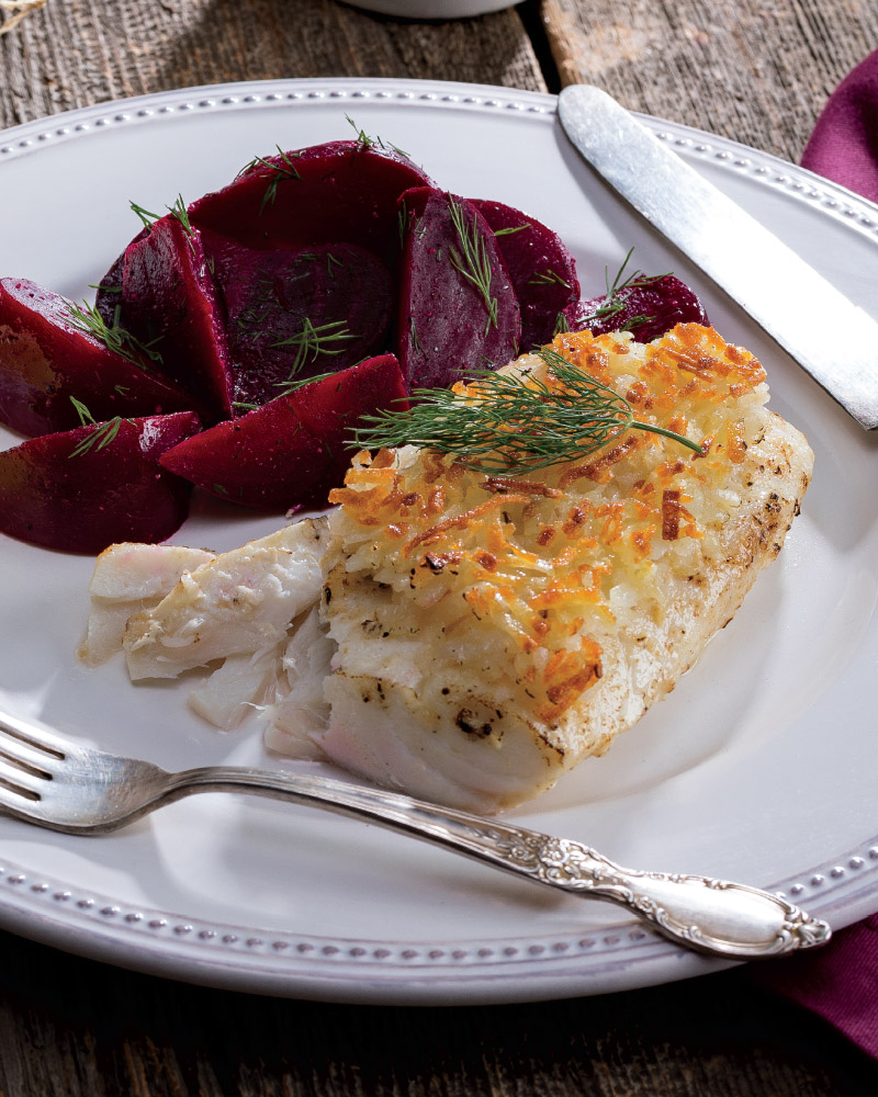 Horseradish & Potato-Crusted Cod with Dilled Beets