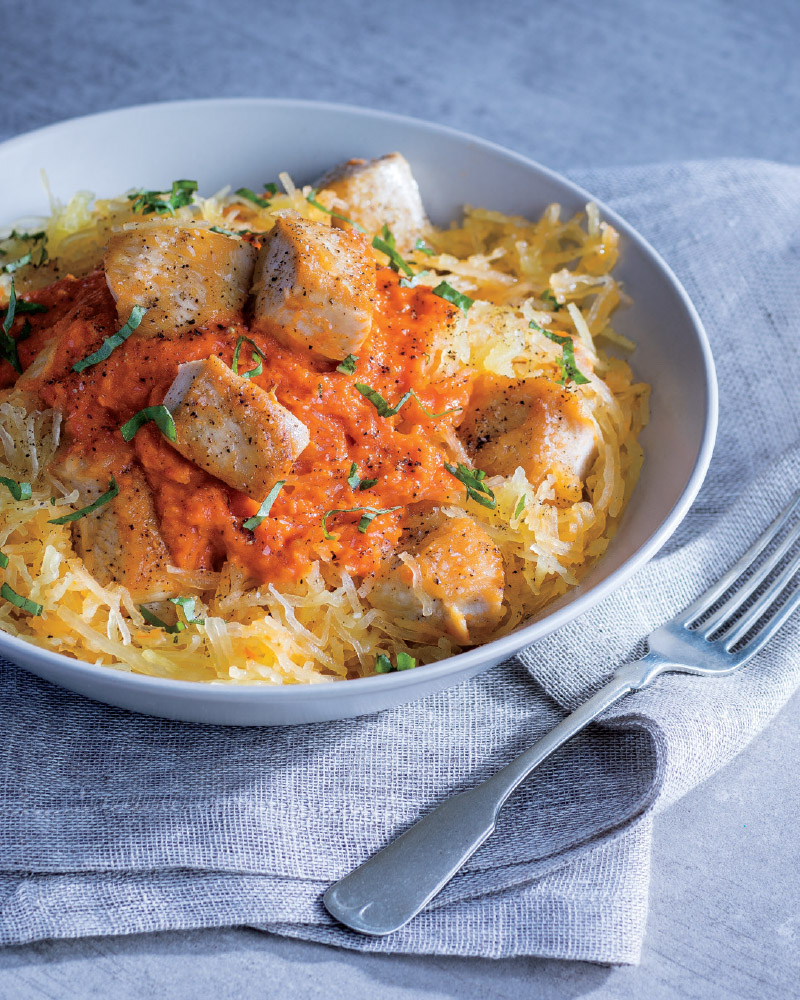 Paleo Spaghetti Squash with Chicken & Sun-Dried Tomato Sauce