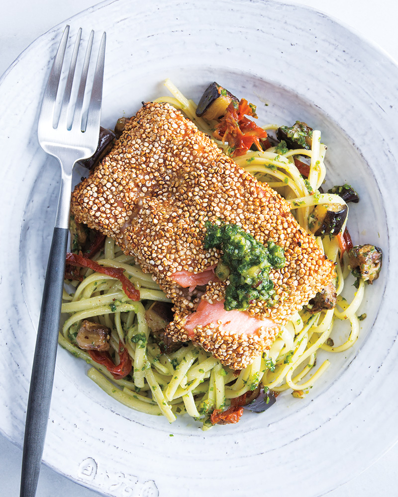 Quinoa Crusted Salmon with Pesto Linguine