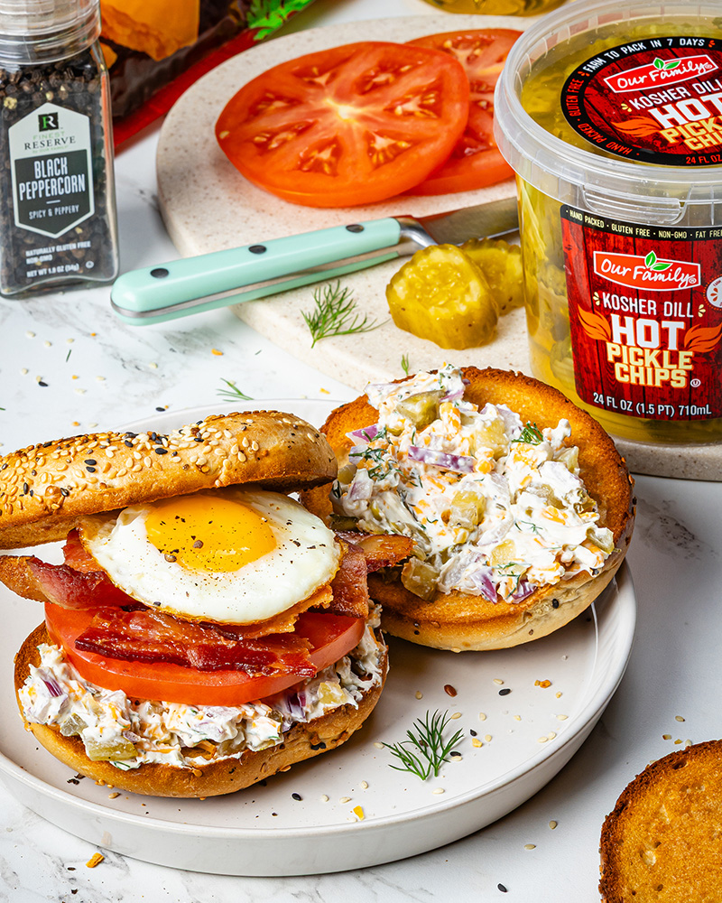 Spicy Chopped Pickle Breakfast Bagel Sandwich