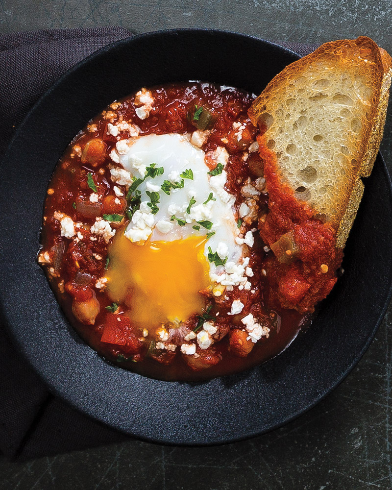 Spicy Peppers & Chickpeas in Tomato Sauce with Poached Eggs