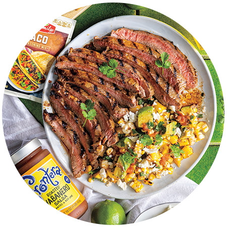 >Grilled Flank Steak with Mango-Habañero Corn Salad 