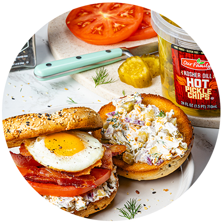 Spicy Chopped Pickle Breakfast Bagel Sandwich